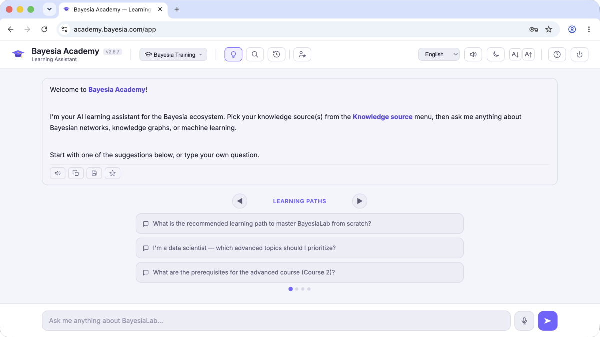 Bayesia Academy AI learning assistant welcome screen with suggested learning-path questions