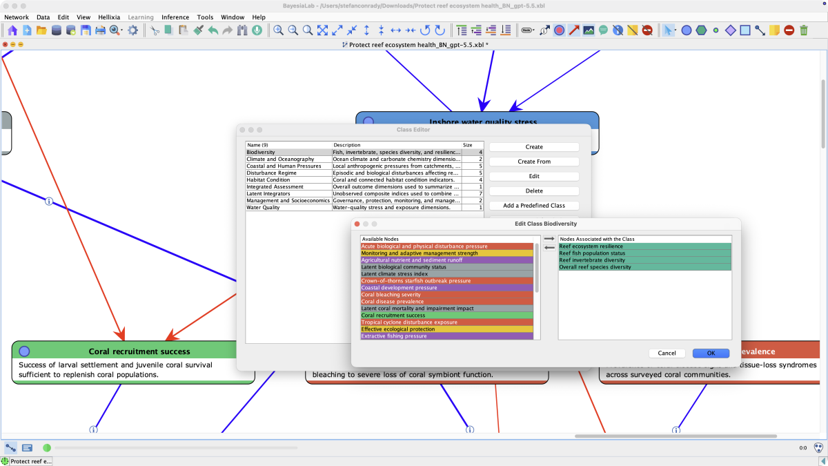 Class Editor listing the generated node classes alongside the Edit Class Biodiversity dialog assigning reef nodes to the Biodiversity class
