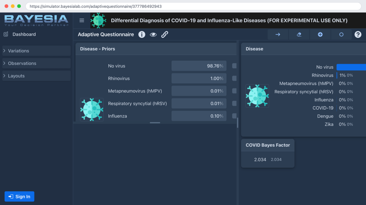 Bayesia WebSimulator adaptive questionnaire for differential diagnosis of COVID-19 and influenza-like diseases
