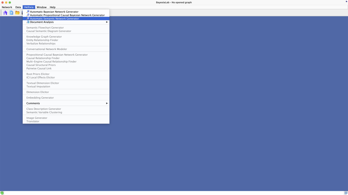 BayesiaLab window with the Hellixia menu open and Automatic Semantic Network Generator highlighted