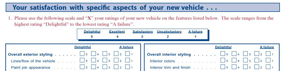 NVES survey question measuring satisfaction with specific aspects of a new vehicle