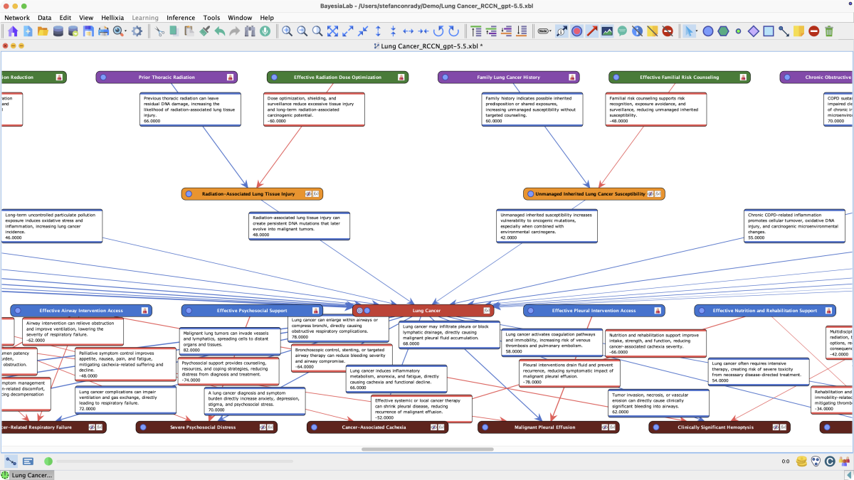Lung Cancer causal network after applying Automatic Comment Layout, with arc comment boxes neatly arranged along their arcs