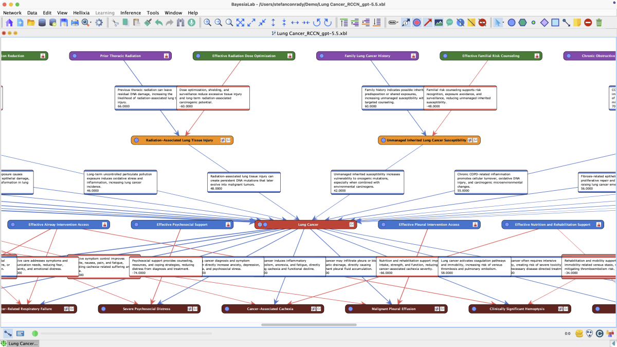 Generated Lung Cancer Risk-Centric Causal Network with arc comments displayed, showing the causal reasoning and weight for each relationship