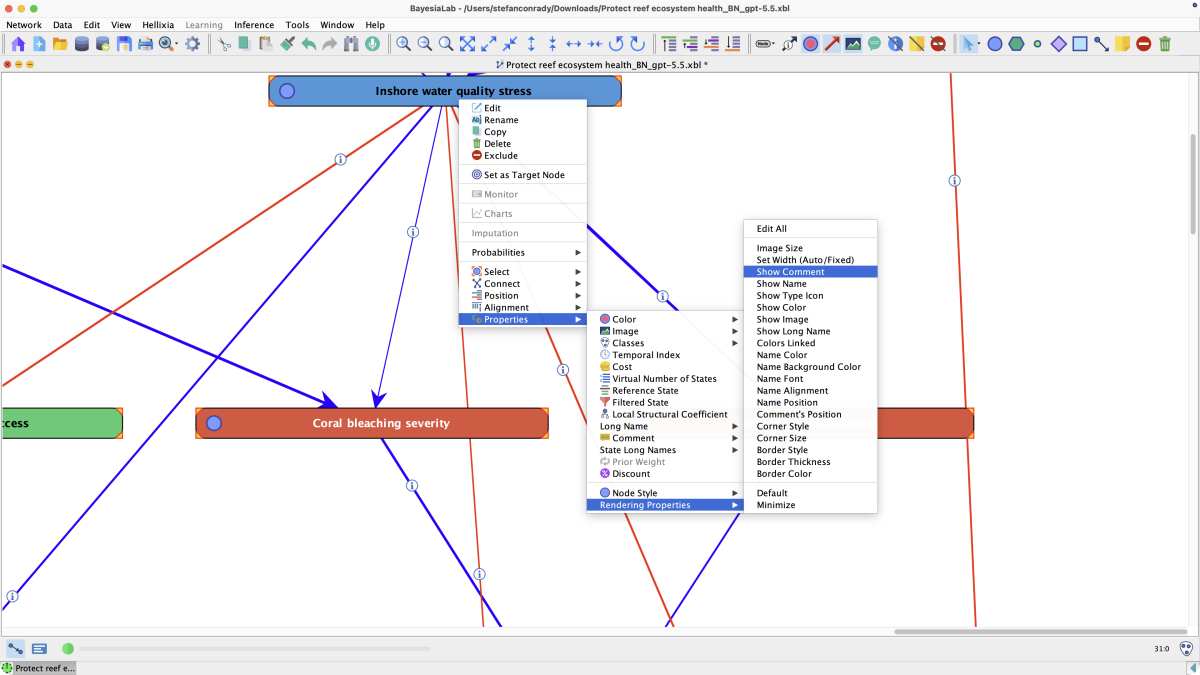 Node context menu cascade through Properties and Rendering Properties with Show Comment highlighted, on the Inshore water quality stress node