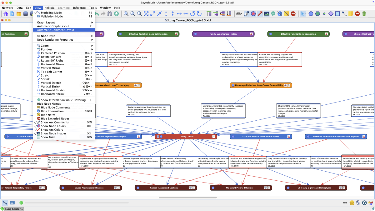 View menu open over the Lung Cancer causal network with Automatic Comment Layout highlighted