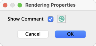 Rendering Properties dialog with the Show Comment checkbox selected