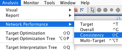 Analysis menu with Network Performance open and Consistency highlighted