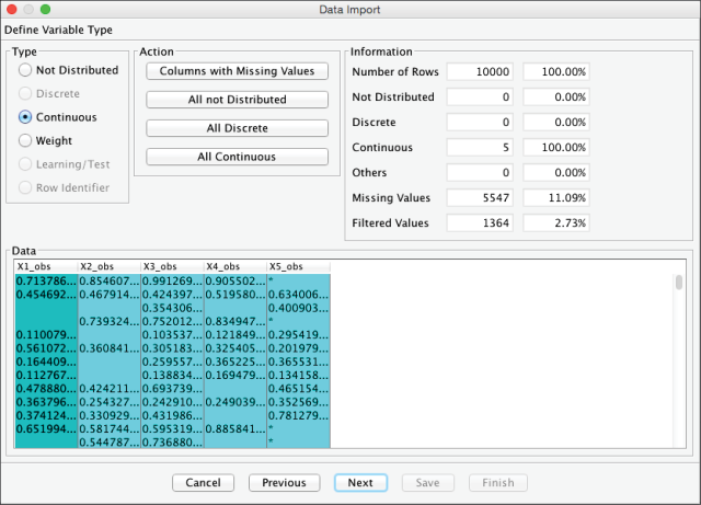 Data Import step 2, Define Variable Type, reporting 11.09 percent missing values and 2.73 percent filtered values
