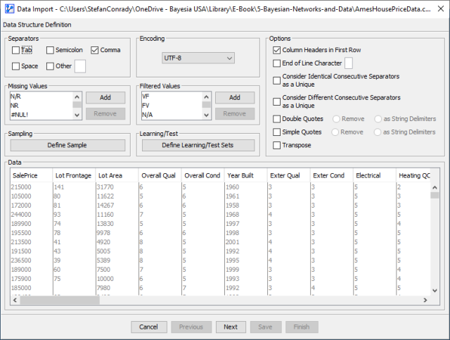 Data Import Wizard preview of the Ames dataset