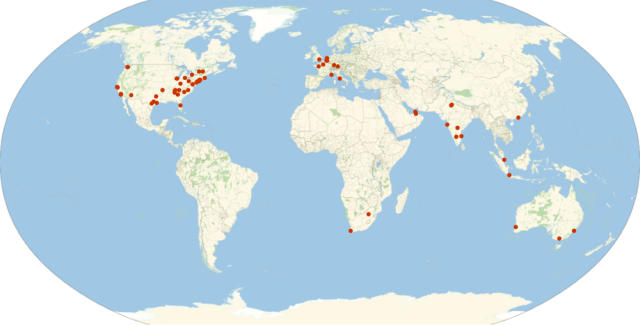 World map of cities where BayesiaLab courses and seminars are held