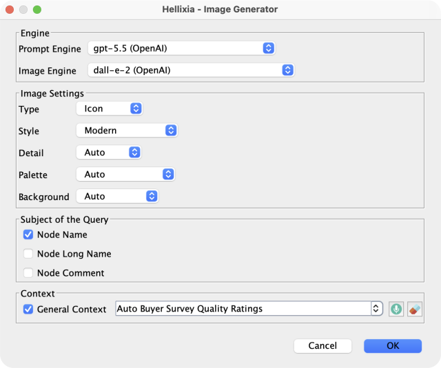 Hellixia Image Generator dialog with prompt and image engine selectors, image settings, subject of the query checkboxes, and a general context field