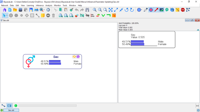 Updated marginal distribution of Sex shown on the node and in the Monitor Panel