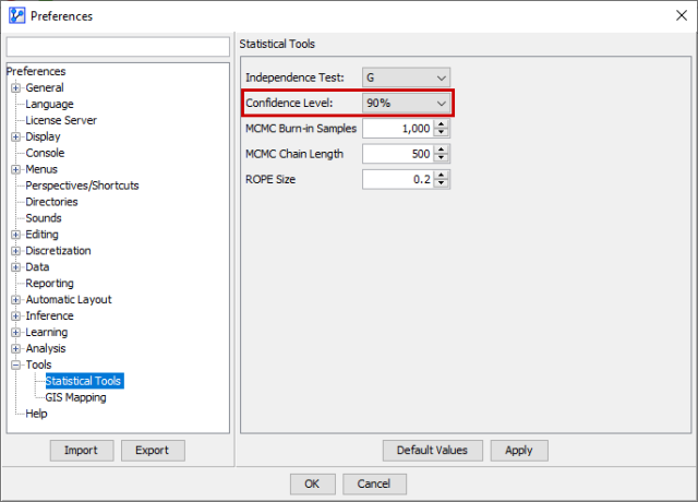 Confidence Level dropdown in the statistical-tools preferences
