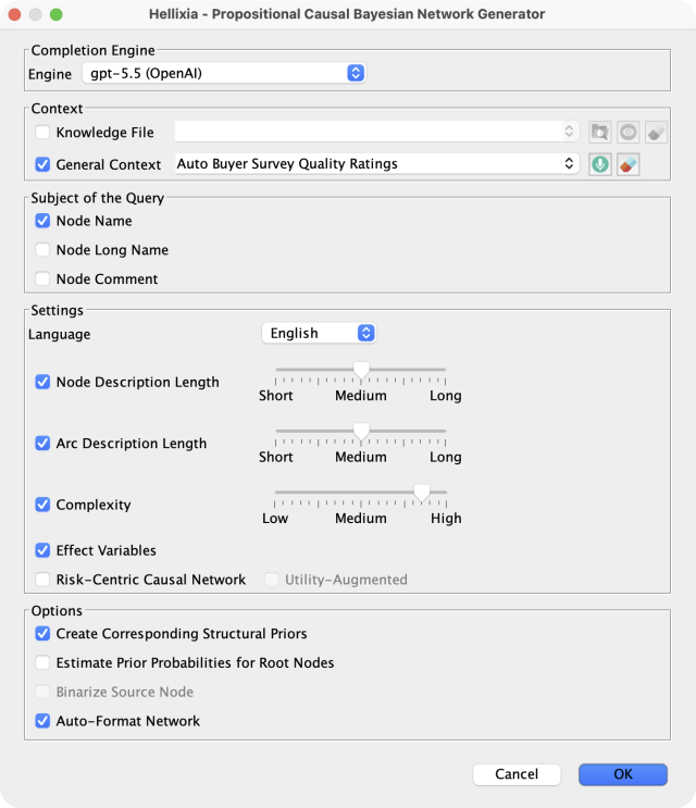Hellixia Propositional Causal Bayesian Network Generator dialog with completion engine, context, subject of the query, settings sliders, and options