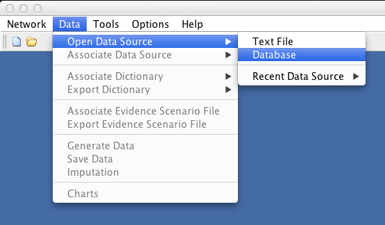 BayesiaLab Data menu with Open Data Source > Database selected