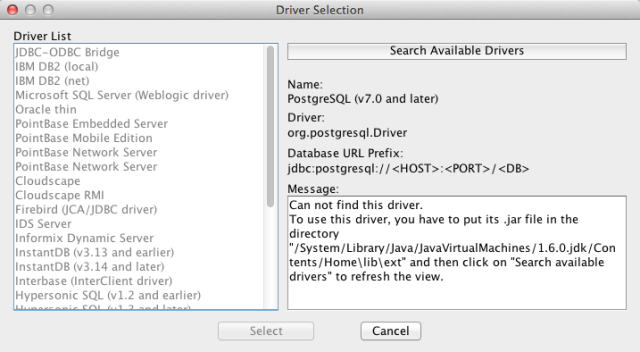 List of currently installed database drivers