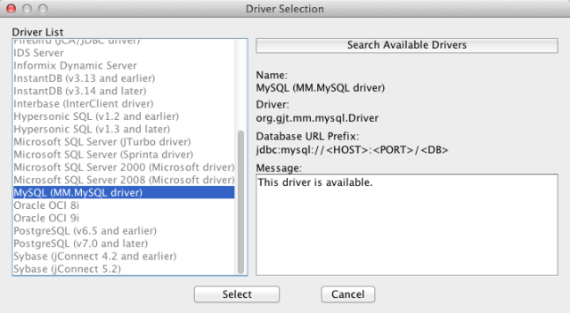 MySQL driver shown in the Driver List after clicking Search Available Drivers
