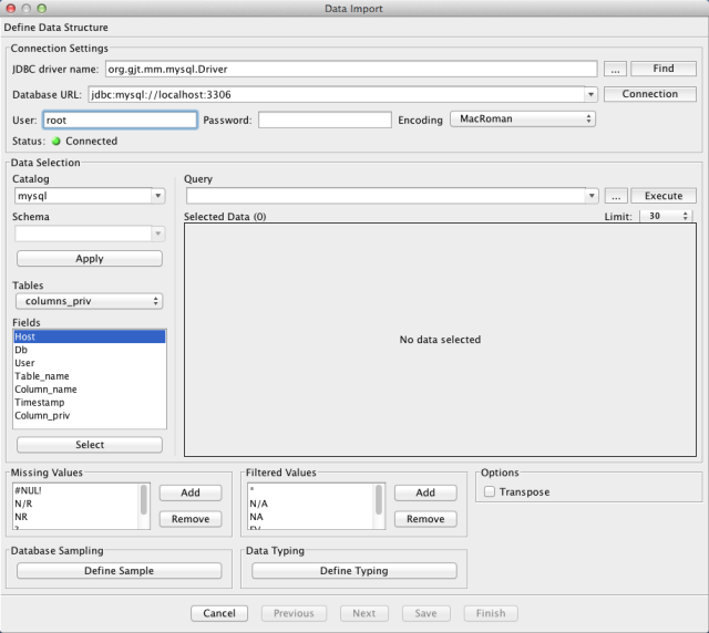 Data Import Wizard database-connection step for entering credentials