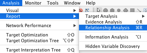 Analysis menu with Report open and Relationship Analysis highlighted