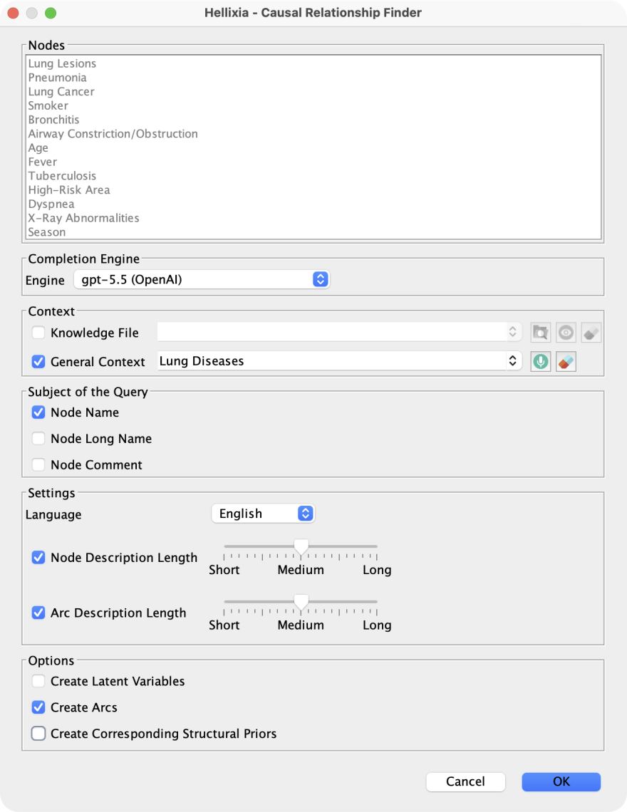 Causal Relationship Finder dialog with node list, completion engine, context, query subject, settings, and options