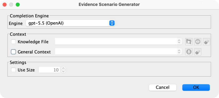 BayesiaLab Evidence Scenario Generator dialog with completion engine, context, and size settings