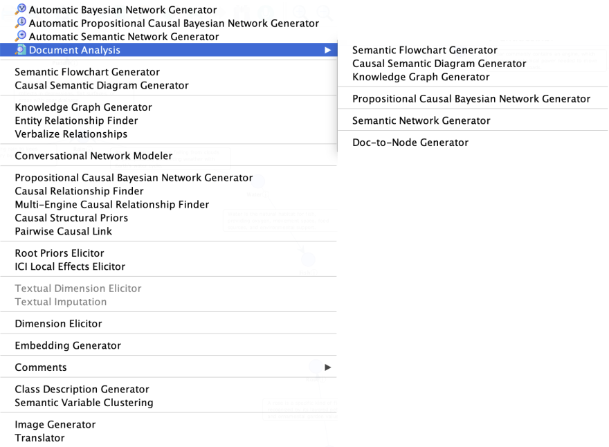 Hellixia menu with Document Analysis selected, showing its submenu of generators