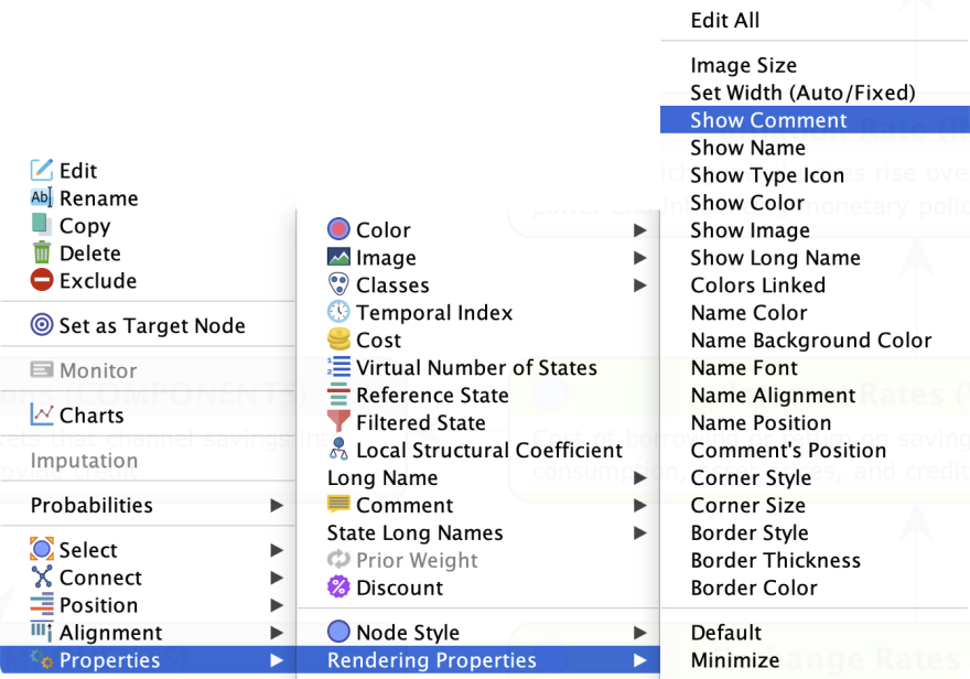 Node context menu with Properties then Rendering Properties expanded and Show Comment highlighted