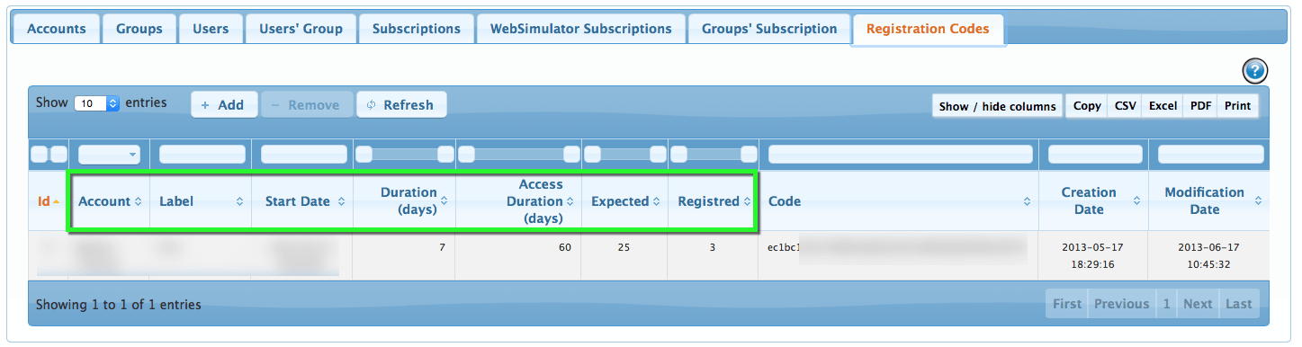 Account Management — Registration Codes