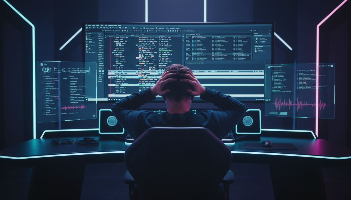 Frustrated video editor viewing complex multi-cam timeline in Adobe Premiere Pro