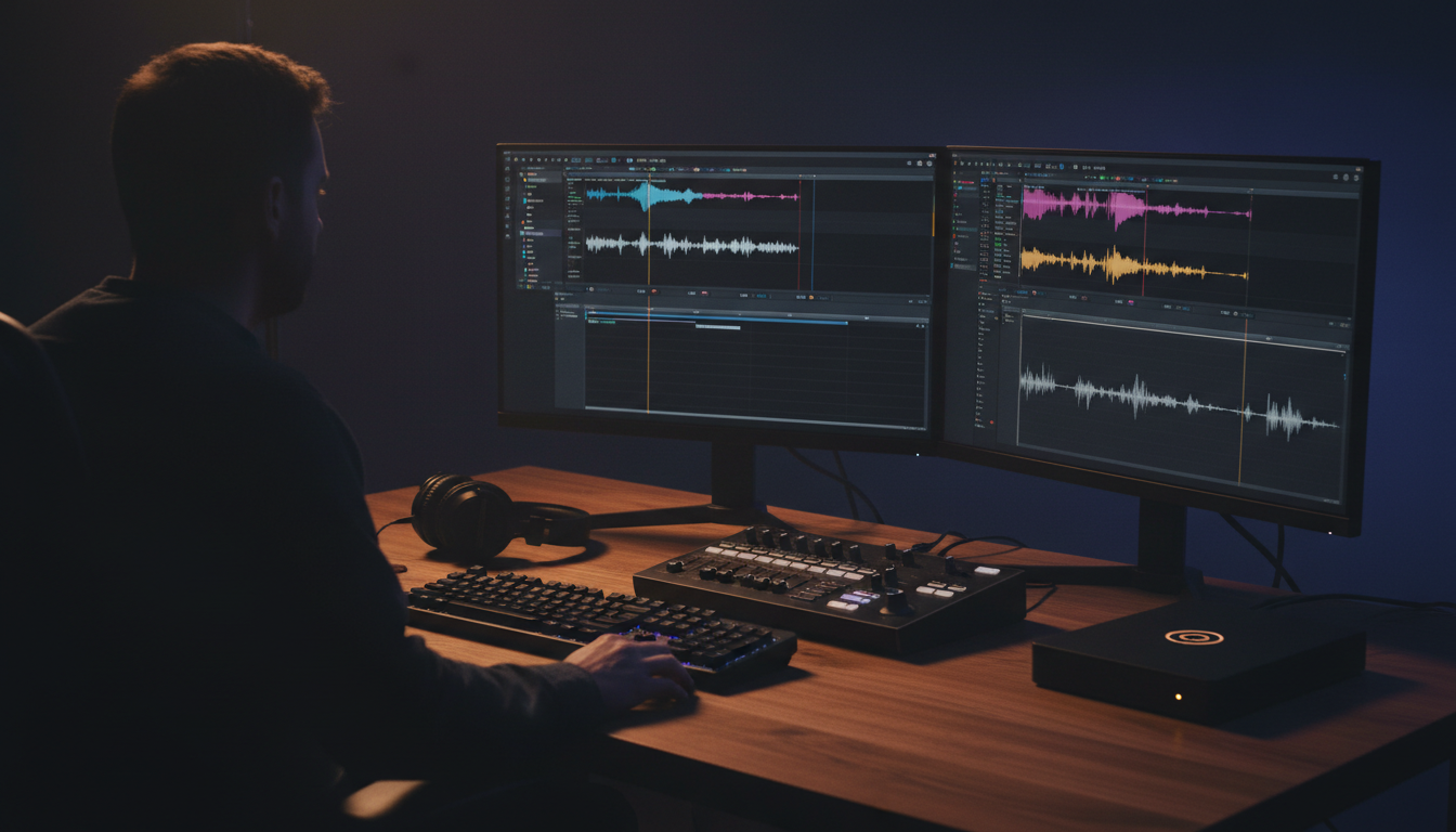Professional post-production studio workspace with dual editing monitors