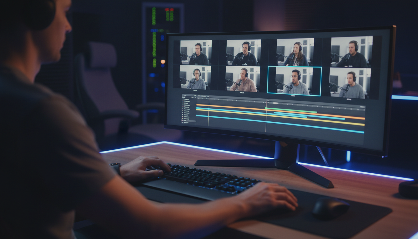Multi-cam podcast editing workflow showing camera angles and close-ups