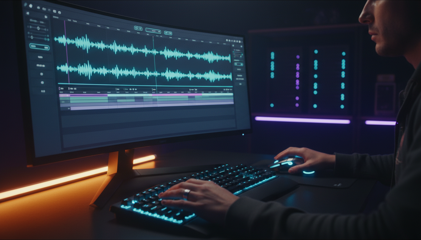 Premiere Pro timeline displaying subtitle blocks and audio waveforms for fast subtitle editing