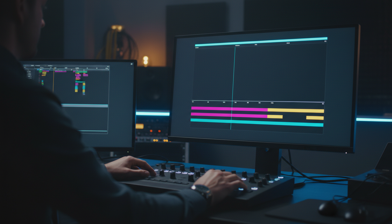 Dual-layer text editing layout with top headline overlay and animated captions
