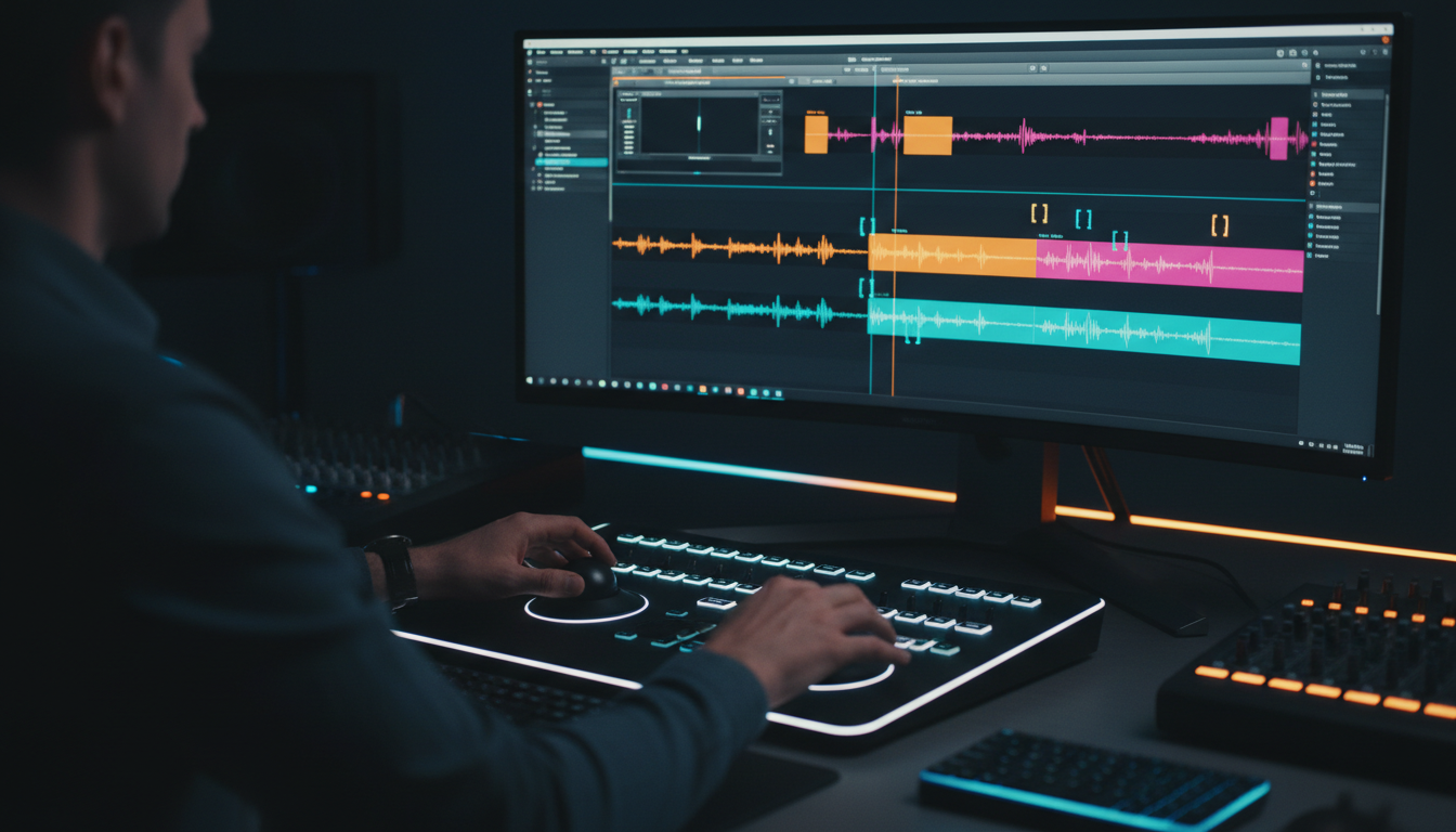Timeline track in Premiere Pro displaying bracketed non-speech sound effects and speaker IDs