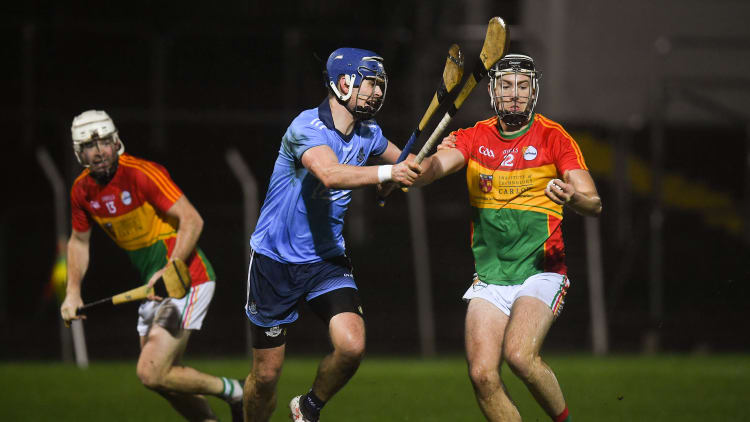 Jack Murphy, Carlow, and Sean Moran, Dublin, during the Bord Na Mona Walsh Cup clash at Netwatch Cullen Park.