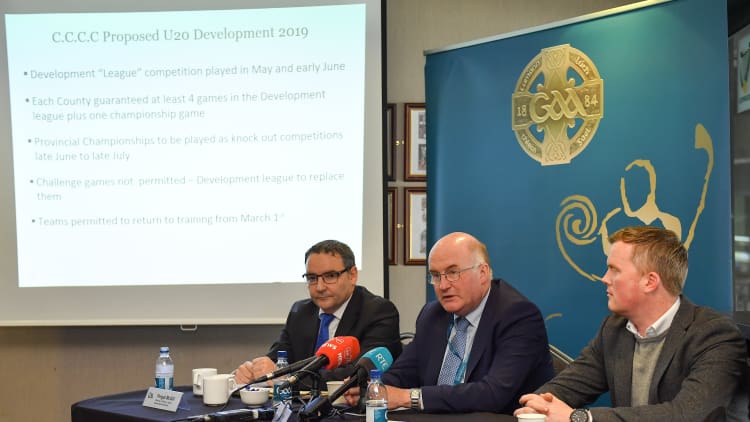 Uachtarán Chumann Lúthchleas Gael John Horan, centre, speaking alongside Fergal McGill, Director of Player, Club & Games Administration, left, and David Hassan, Chairman of the Standing Committee on Playing Rules, right, during an Experimental Football Rule Changes media briefing at Croke Park in Dublin.