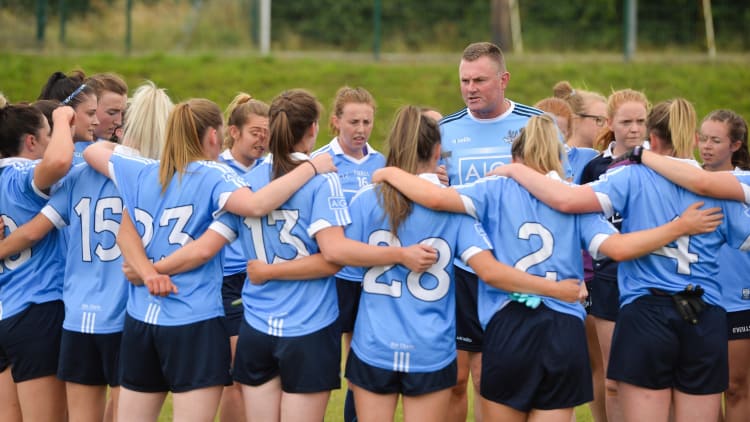 Dublin manager Mick Bohan speaks to his players before the 2018 TG4 All-Ireland Senior Championship Group 4 Round 2 match between Cavan and Dublin at Lannleire GFC in Dunleer, Co. Louth.