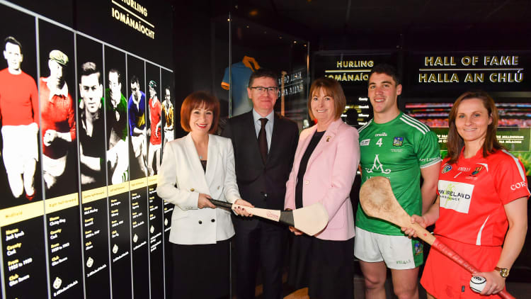 Josepha Madigan, TD, Minister for Culture, Heritage and the Gaeltacht, Ard Stiúrthóir of the GAA Tom Ryan, President of the Camogie Association Kathleen Woods, Limerick hurler Sean Finn and Cork camogie player Aoife Murray at the announcement of UNESCO Intangible Cultural Heritage Status for the game of Hurling and Camogie