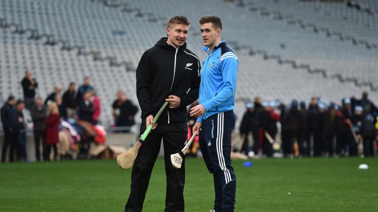 Dublin Hurler Sean Moran, right, alongside All Blacks star Jack Goodhue during the AIG Heroes Event at Croke Park, Dublin.