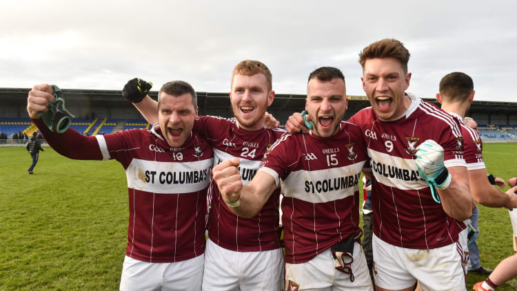 Conor McElligott, Eoghan Keegan, Aidan McElligott and John Keegan celebrate a famous victory for St Columba's, Mullinalaghta.