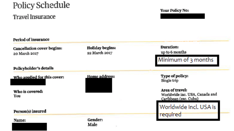 Example of Policy Schedule for Correct Travel Insurance