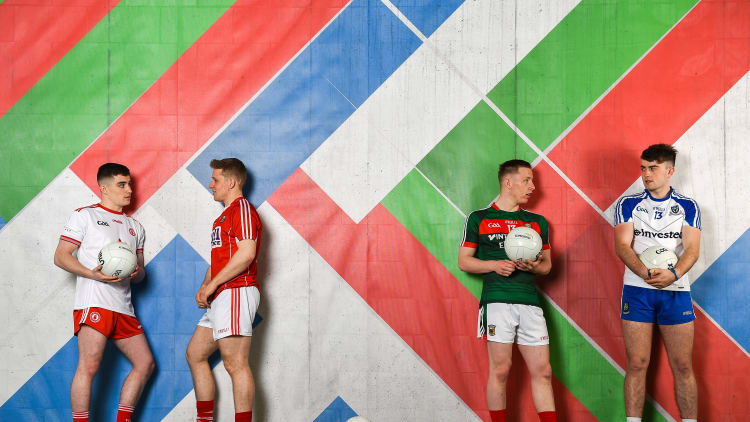 Conor Shields, Tyrone, Liam O’Donovan, Cork, Ryan O’ Donoghue, Mayo, and Fergal Hanratty, Monaghan, at the launch of the EirGrid GAA Football U20 All-Ireland Championship.