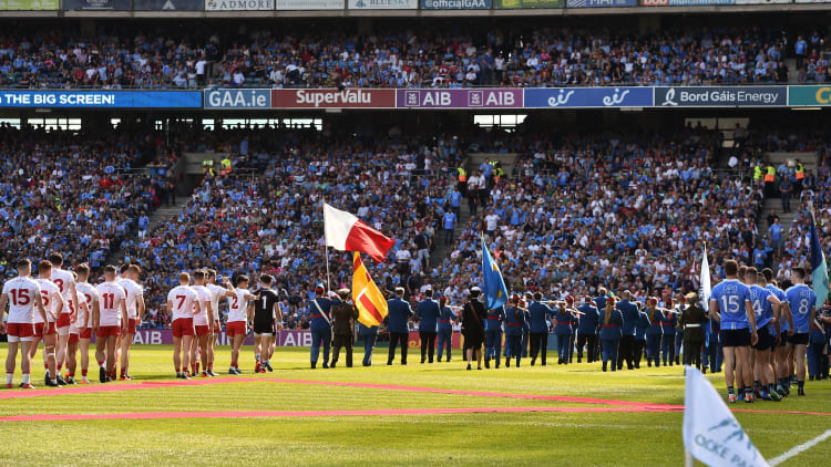 The Tyrone and Dublin teams ahead of the 2018 All Ireland SFC Final at Croke Park.