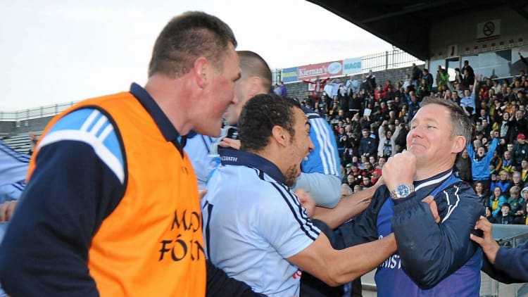 Selector Mick Bohan, Ted Furman, and manager Jim Gavin celebrate after Dublin's All Ireland Under 21 win in 2010.