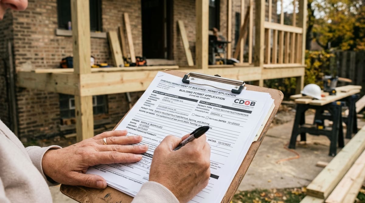 Reviewing a Chicago Department of Buildings porch permit application near a rebuilt porch frame