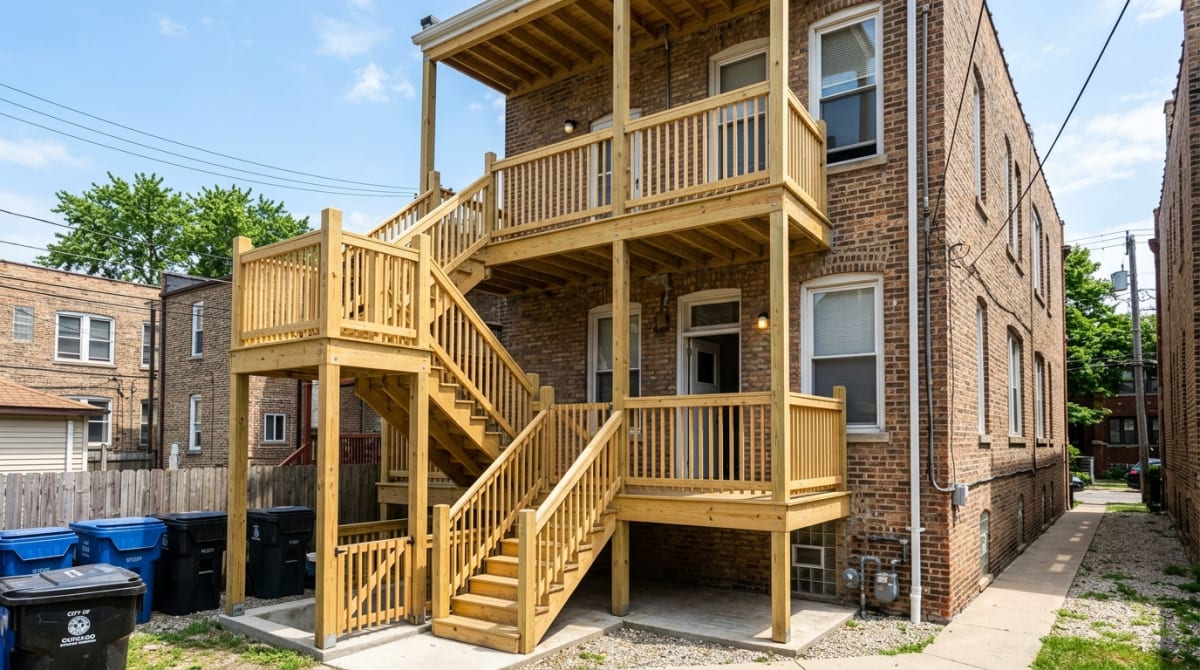 Newly completed code-compliant Chicago back porch replacement on a brick multi-unit building