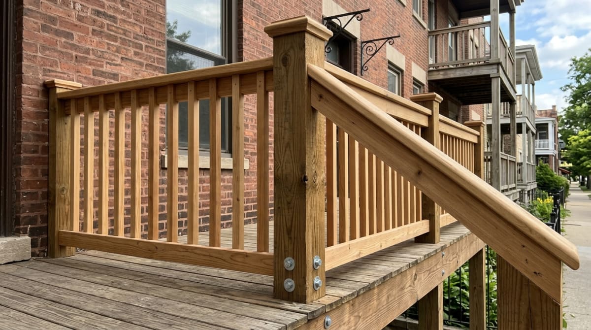 Code-compliant porch railing system on a Chicago wooden porch with sturdy posts and proper baluster spacing