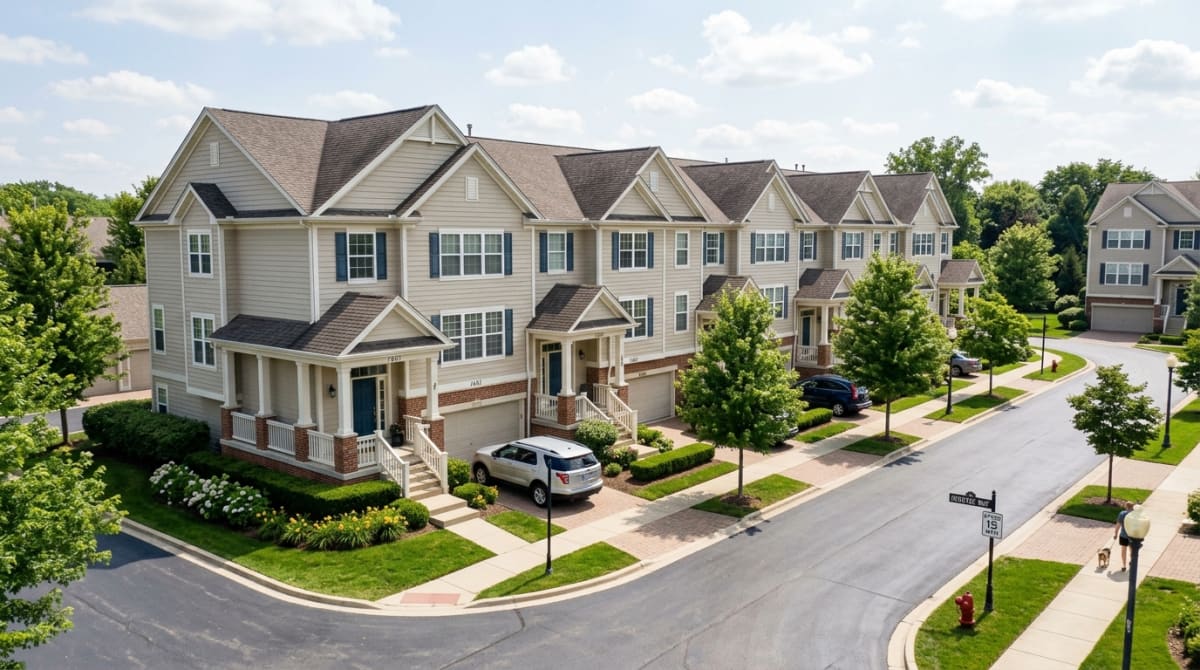 Chicago suburb townhome community showing consistent siding reflecting HOA architectural approval standards