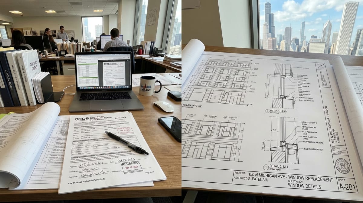 Chicago Department of Buildings permit application and drawings for a window replacement project