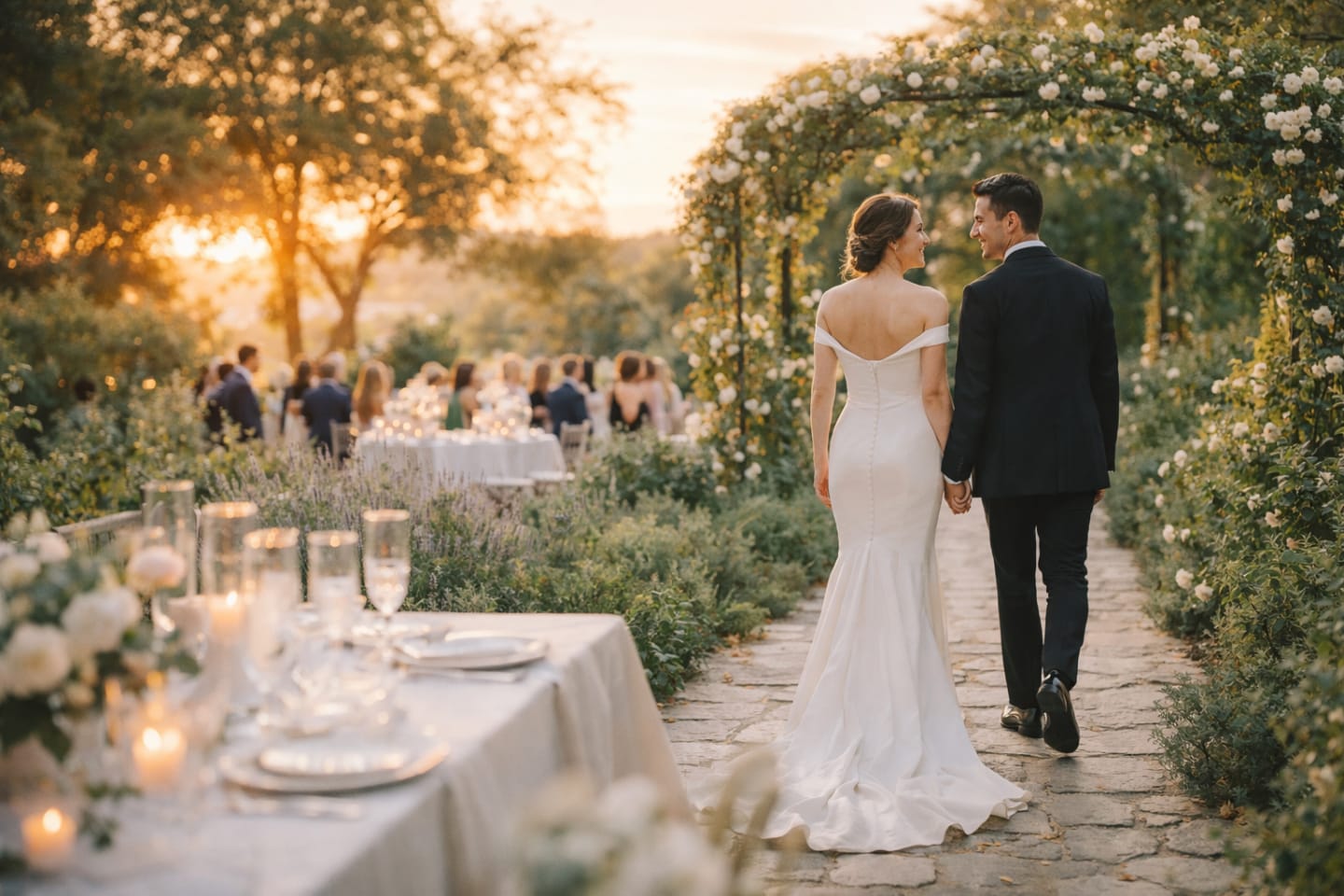 Bride and groom walking through a garden wedding reception at sunset